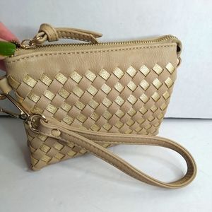Beige and gold wrist clutch wallet purse